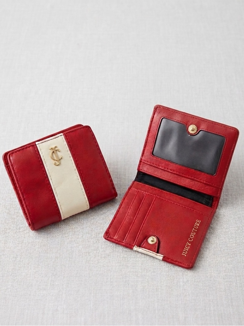 Juicy Couture Vintage Y2K Leather Bi Fold Wallet Card Case Coin Zip Red White